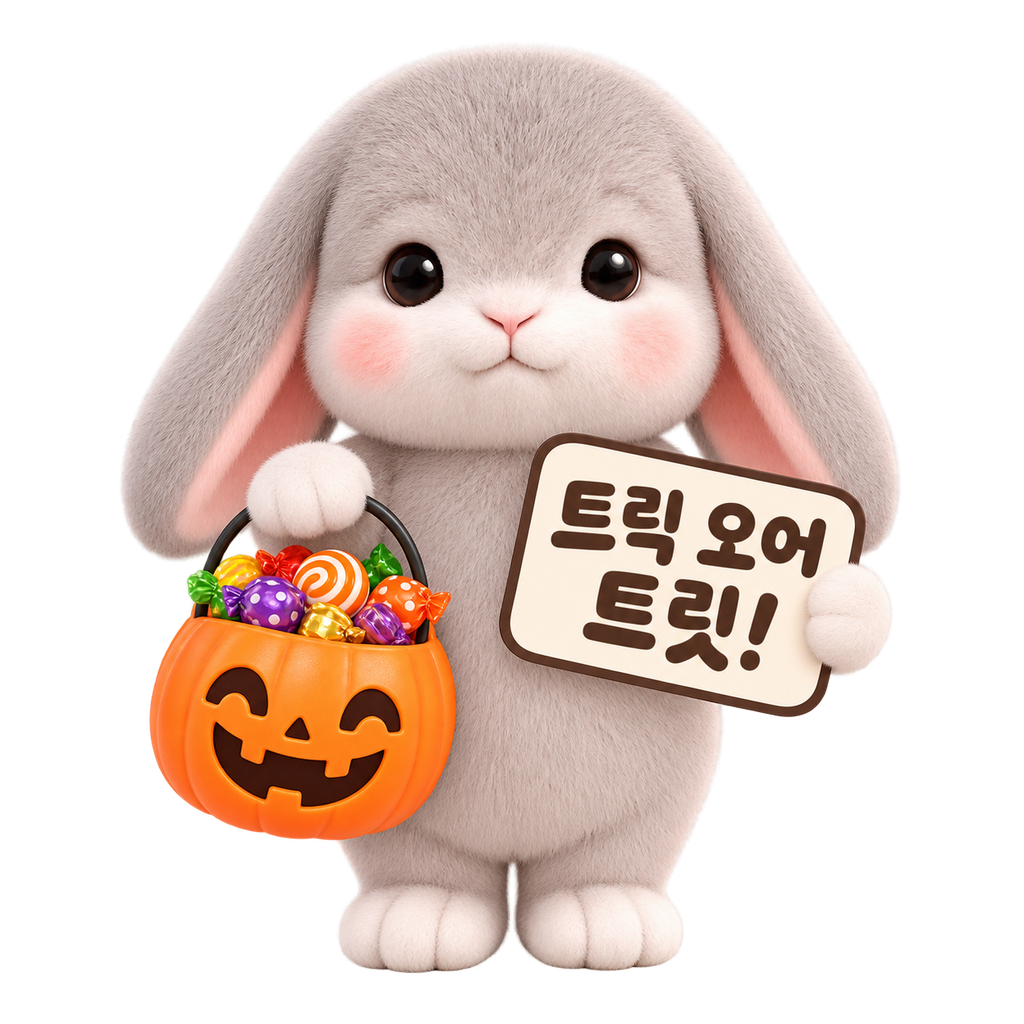 회색 롭이어 토끼 모모가 사탕이 가득 든 잭오랜턴 바구니와 트릭 오어 트릿! 팻말을 들고 서 있는 스티커