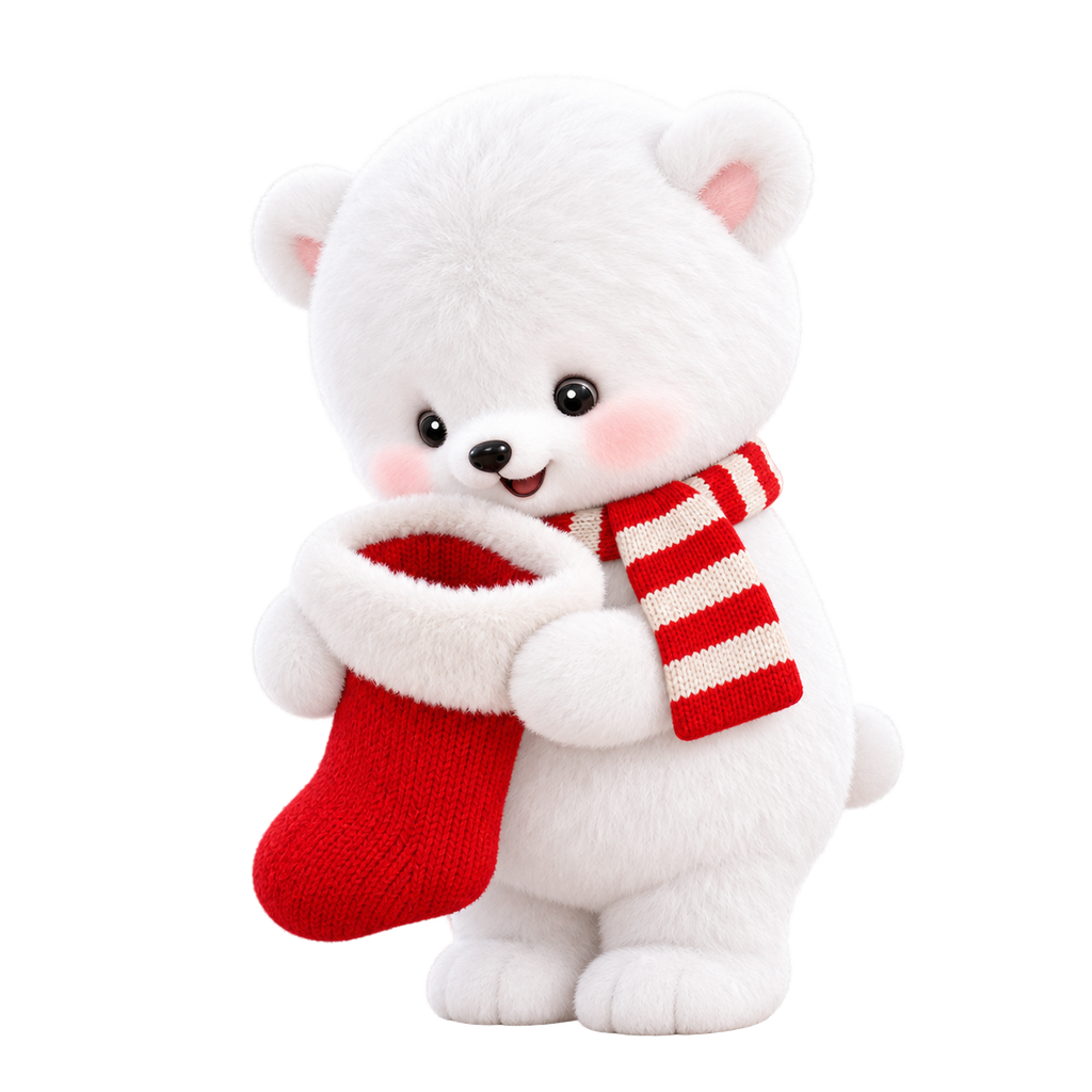 북극곰 하뭉이 빨간 크리스마스 양말을 두 앞발로 들고 안을 들여다보는 스티커