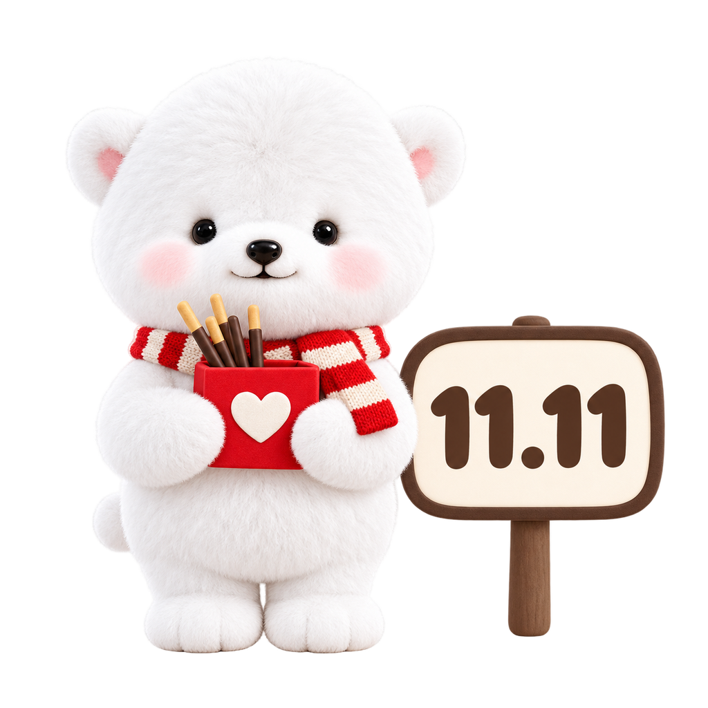 북극곰 하뭉이 하트가 붙은 빨간 상자에 막대과자를 담아 안고 11.11이라고 적힌 팻말 옆에 서 있는 모습