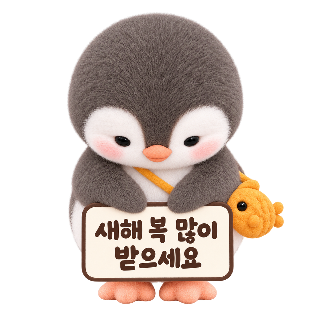 아기 펭귄 포롱이가 고개를 숙여 '새해 복 많이 받으세요'라고 적힌 팻말을 든 스티커